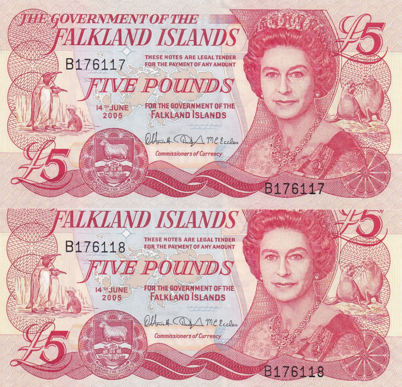 Falkland Islands, 5 Pounds, 2005, UNC, p17a, (Total 2 consecutive banknotes)
Qu...