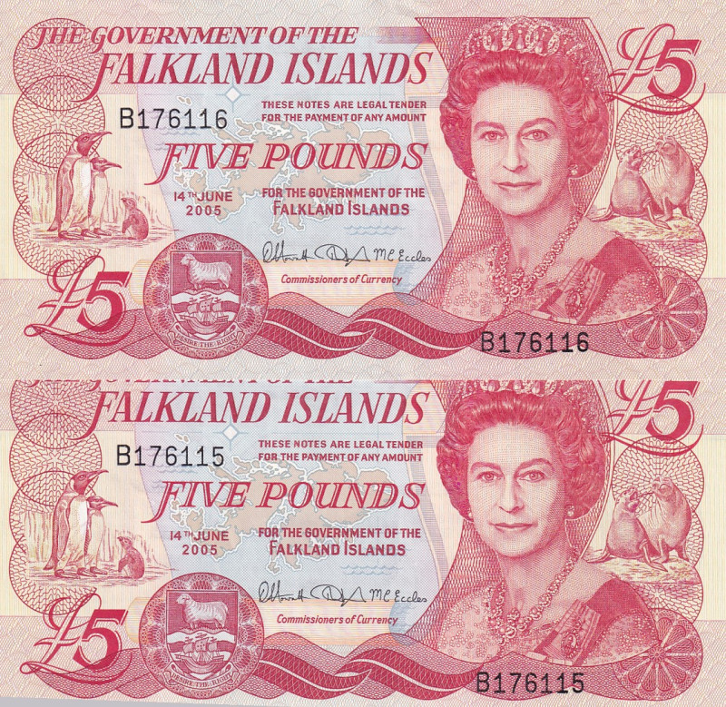 Falkland Islands, 5 Pounds, 2005, UNC, p17a, (Total 2 consecutive banknotes)
Qu...