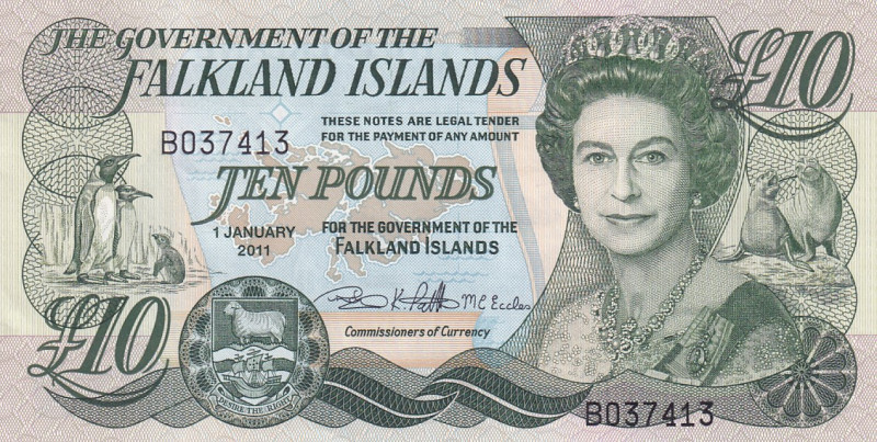 Falkland Islands, 10 Pounds, 2011, UNC, p18
Queen Elizabeth II Portrait
Estima...