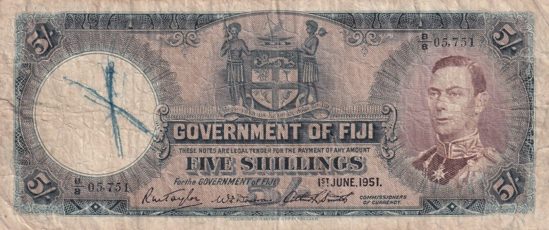 Fiji, 5 Shillings, 1951, VF, p37k
graffiti, pen marks
Estimate: USD 30-60