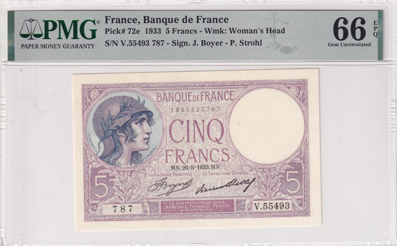 France, 5 Francs, 1933, UNC, p72e
PMG 66 EPQ
Estimate: USD 40-80