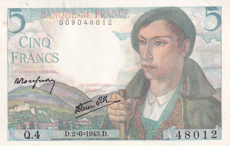 France, 5 Francs, 1943, UNC(-), p98a
Light stained
Estimate: USD 20-40