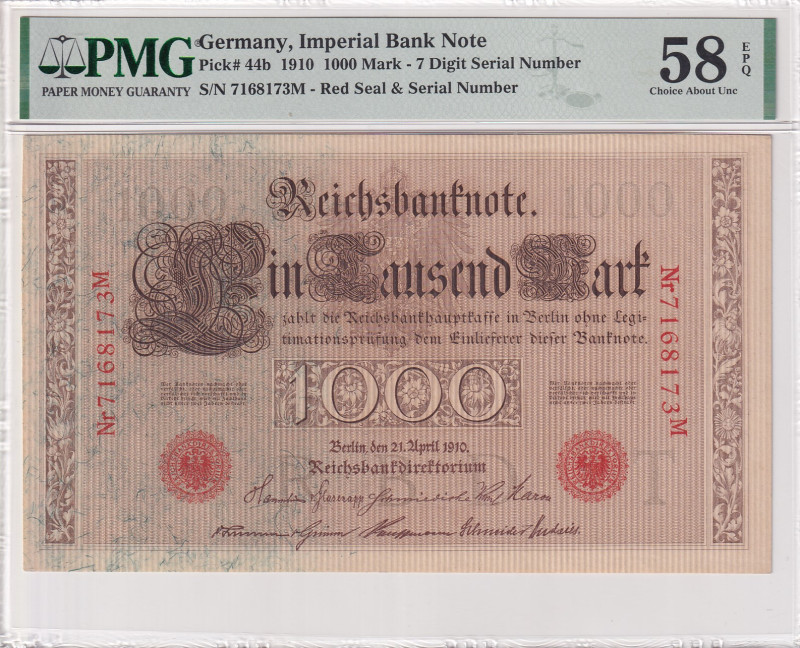 Germany, 1.000 Mark, 1910, AUNC, p44b
PMG 58 EPQ
Estimate: USD 30-60