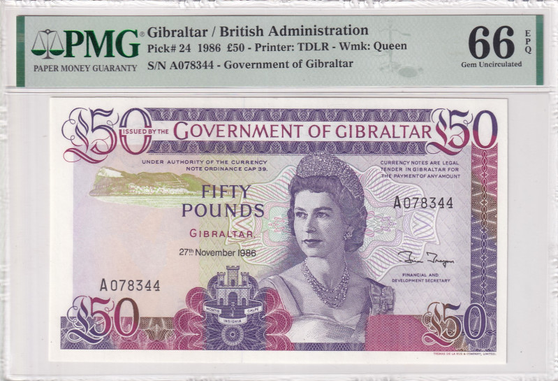 Gibraltar, 50 Pounds, 1986, UNC, p24
PMG 66 EPQ, Queen Elizabeth II Portrait
E...