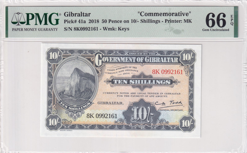 Gibraltar, 10 Shillings, 2018, UNC, p41a
PMG 66 EPQ, Commemorative banknot
Est...