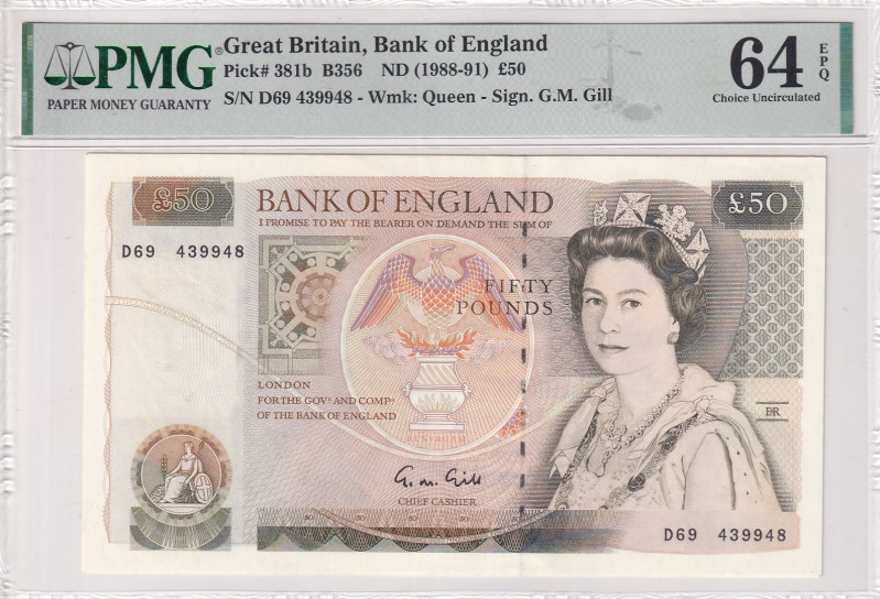 Great Britain, 50 Pounds, 1988/1991, UNC, p381b
PMG 64 EPQ, Queen Elizabeth II ...