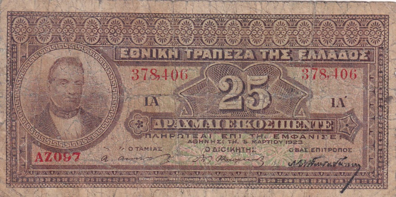 Greece, 25 Drachmai, 1923, FINE, p74
Split, rips and stains
Estimate: USD 120-...