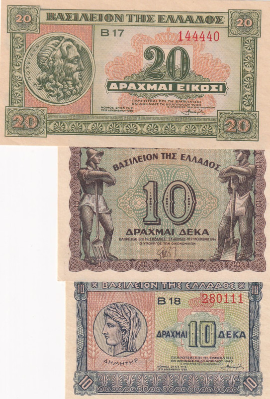 Greece, 10-10-20 Drachmai, 1940/1944, UNC, p314; p315; p322, (Total 3 banknotes)...