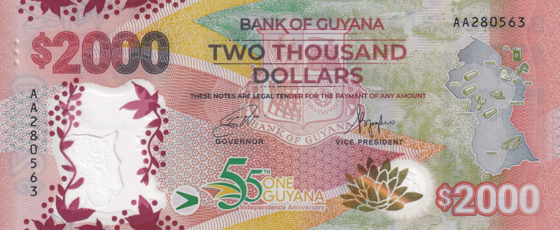 Guyana, 2.000 Dollars, 2022, UNC, p42
Commemorative and Polymer Banknote
Estim...