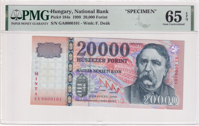 Hungary, 20.000 Forint, 1999, UNC, p184s, SPECIMEN
PMG 65 EPQ
Estimate: USD 35...