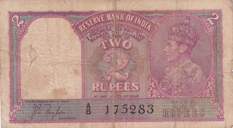 India, 2 Rupees, 1937/1943, FINE(+), p17a
There are pinholes, openings, tears a...