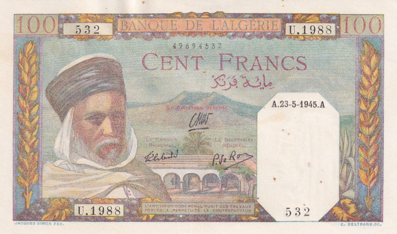 Iran, 100 Francs, 1945, UNC(-), p85
Light stained
Estimate: USD 40-80