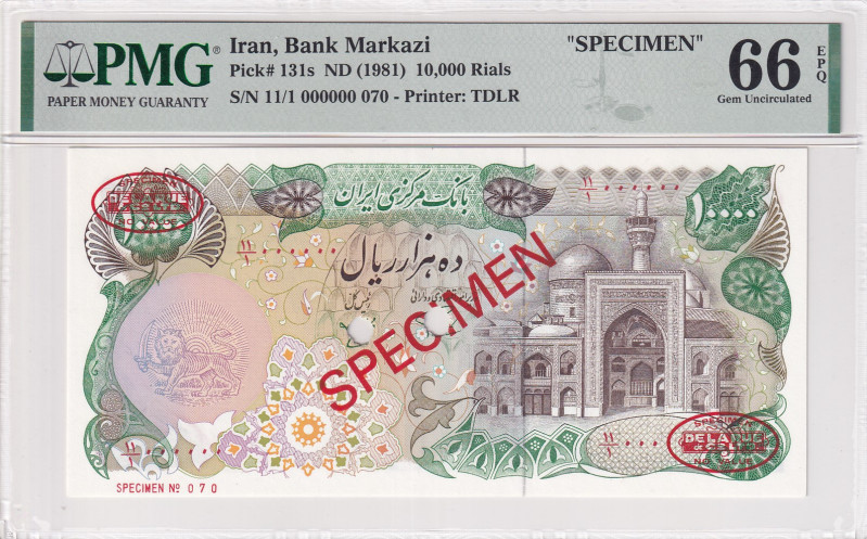 Iran, 10.000 Rials, 1981, UNC, p131s, SPECIMEN
PMG 66 EPQ
Estimate: USD 250-50...