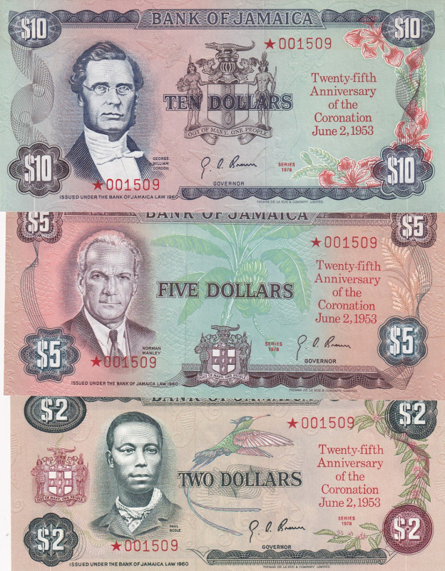 Jamaica, 2-5-10 Dollars, 1978, UNC, pCS3, (Total 3 banknotes)
Commemorative ban...