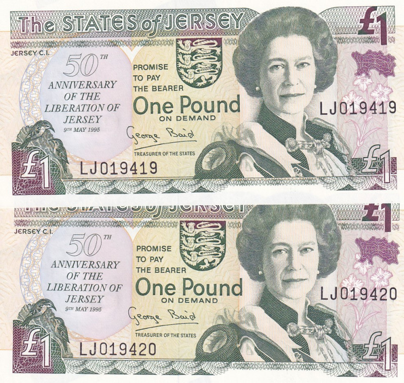 Jersey, 1 Pound, 1995, UNC, p25a, (Total 2 consecutive banknotes)
Queen Elizabe...