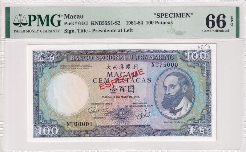 Macau, 100 Patacas, 1984, UNC, p61s1, SPECIMEN
PMG 66 EPQ
Estimate: USD 600-1....