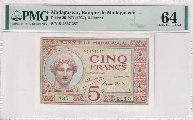 Madagascar, 5 Francs, 1937, UNC, p35
PMG 64
Estimate: USD 50-100