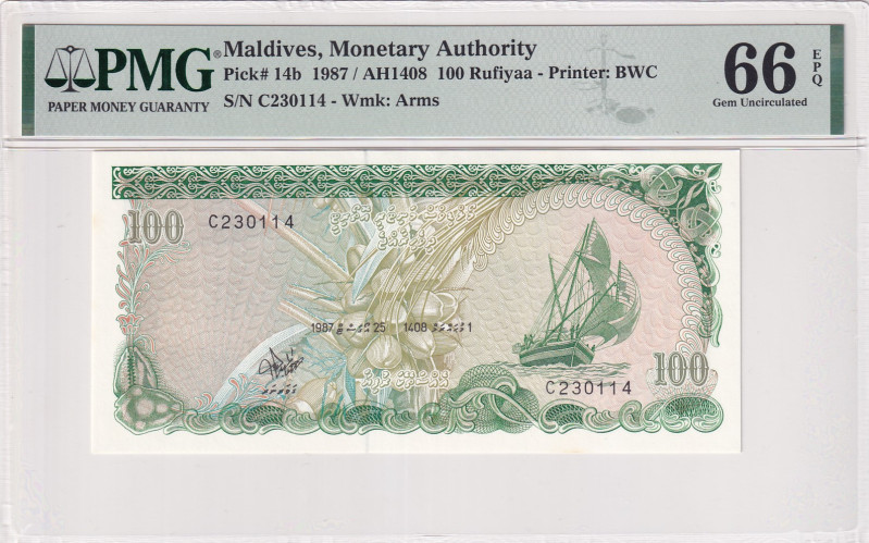 Maldives, 100 Rufiyaa, 1987, UNC, p14b
PMG 66 EPQ
Estimate: USD 250-500