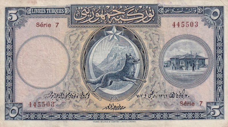 Turkey, 5 Livres, 1927, VF, p120, 1.Emission
Estimate: USD 250-500