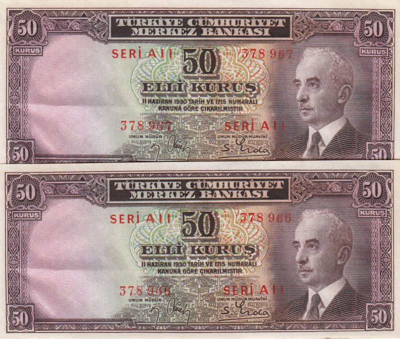 Turkey, 50 Kuruş, AUNC, p133, 2.Emission
(Total 2 consecutive banknotes)
Estim...