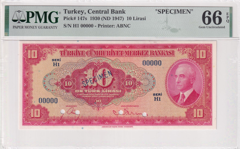 Turkey, 10 Lira, 1947, AUNC, p147s, SPECIMEN
4.Emission, PMG 66 EPQ, 3th highes...