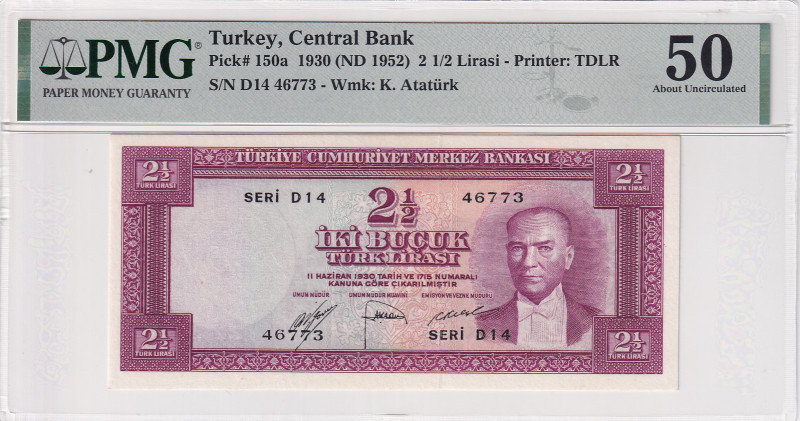 Turkey, 2 1/2 Lira, 1952, AUNC, p150, 5.Emission
PMG 50
Estimate: USD 500-1.00...