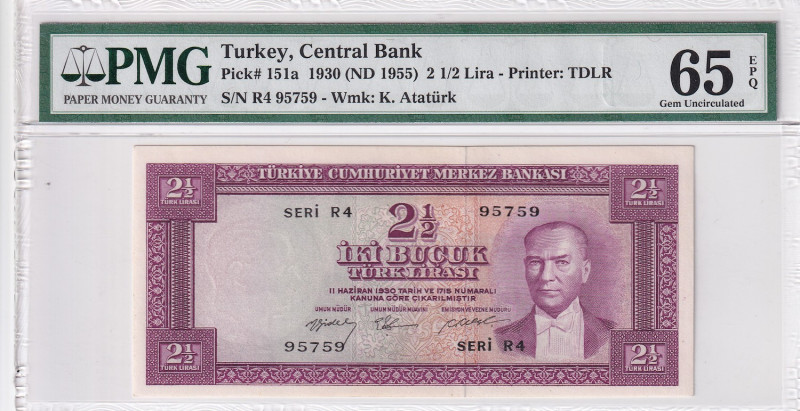 Turkey, 2 1/2 Lira, 1955, UNC, p151, 5.Emission
PMG 65 EPQ
Estimate: USD 900-1...