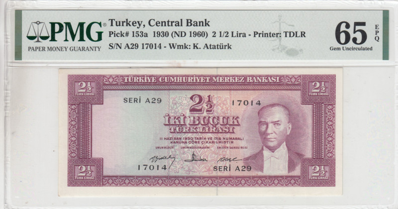 Turkey, 2 1/2 Lira, 1960, UNC, p153a, 5.Emission
PMG 65 EPQ
Estimate: USD 300-...