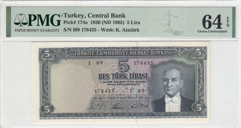 Turkey, 5 Lira, 1965, UNC, p174a, 5.Emission
PMG 64 EPQ
Estimate: USD 750-1.50...