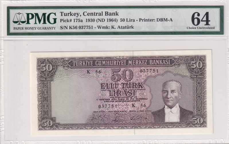 Turkey, 50 Lira, 1964, UNC, p175a, 5.Emission
PMG 64
Estimate: USD 250-500