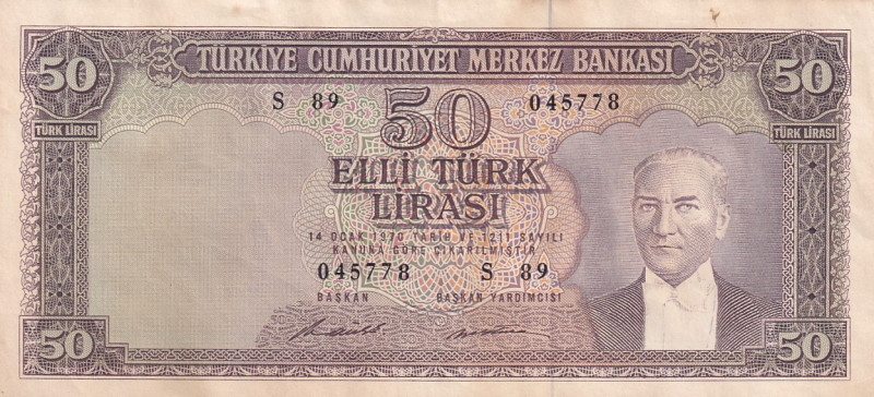 Turkey, 50 Lira, 1971, AUNC(-), p187A, 5.Emission
Stained
Estimate: USD 25-50