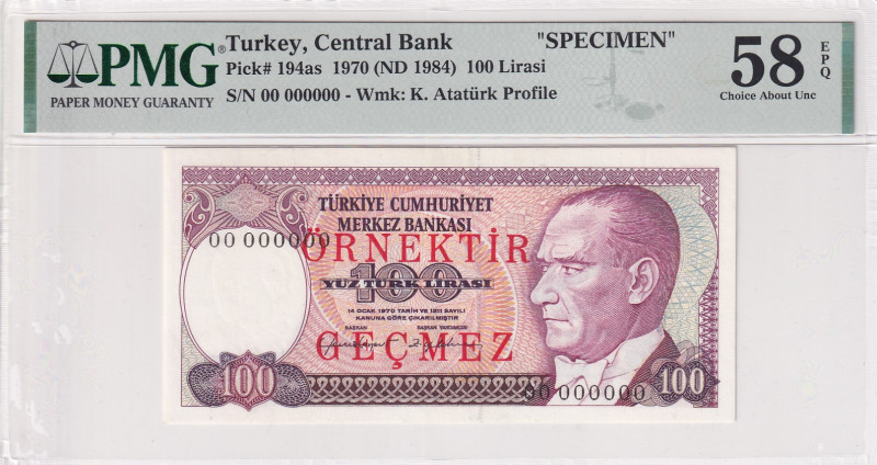 Turkey, 100 Lira, 1984, AUNC, p194a, 7.Emission
SPECIMEN, PMG 58 EPQ
Estimate:...