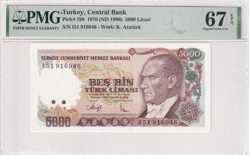 Turkey, 5.000 Lira, 1990, UNC, p198
PMG 67 EPQ, High condition 
Estimate: USD ...