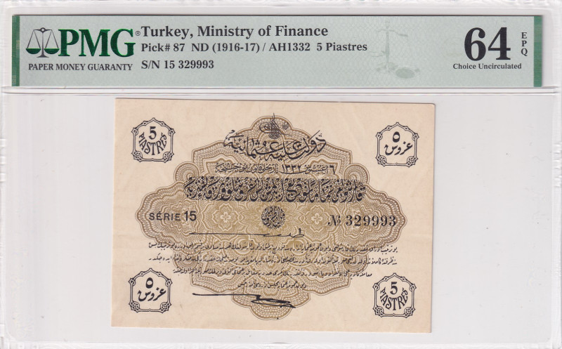 Turkey, Ottoman Empire, 5 Piastres, 1916/1917, UNC, p87, Talat / Hüseyin Cahid
...