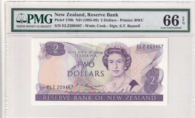 New Zealand, 2 Dollars, 1985/1989, UNC, p170b
PMG 66 EPQ, Queen Elizabeth II. P...