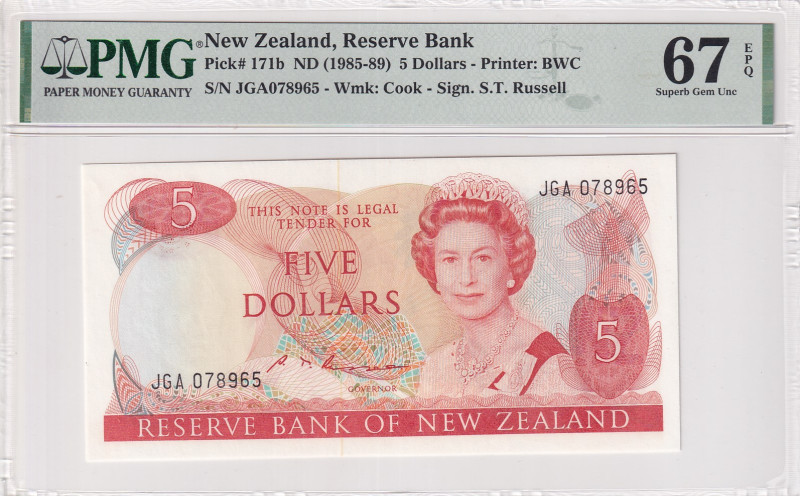 New Zealand, 5 Dollars, 1985/1989, UNC, p171b
PMG 67 EPQ, High condition , Quee...