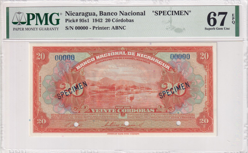 Nicaragua, 20 Cordobas, 1942, UNC, p95s1, SPECIMEN
PMG 67 EPQ, High condition ...