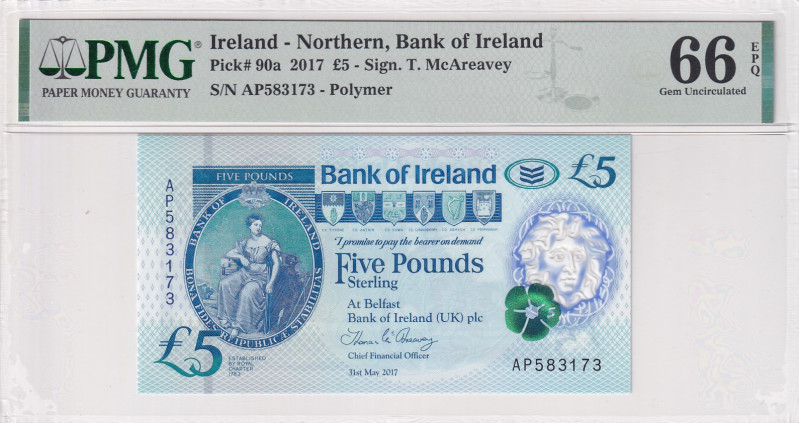 Northern Ireland, 5 Pounds, 2017, UNC, p90a
PMG 66 EPQ, Bank of Ireland
Estima...