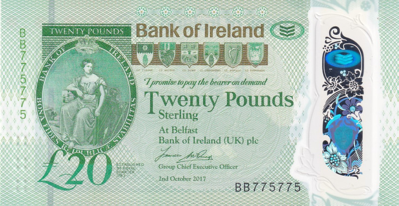 Northern Ireland, 20 Pounds, 2017, UNC, p92
Nice serial number, Polymer
Estima...