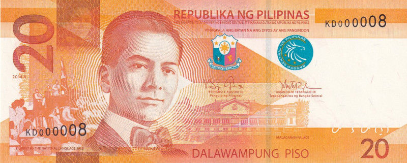 Philippines, 20 Piso, 2014, UNC, p206a
Top 10 Serial Numbers
Estimate: USD 20-...