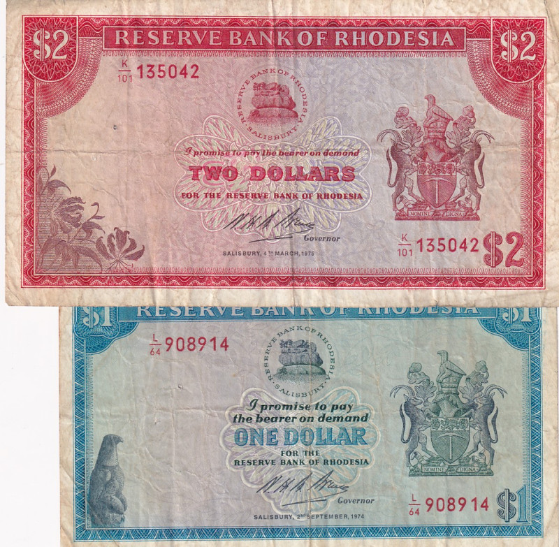 Rhodesia, 1-2 Dollars, 1974/1975, VF, p30; p31, (Total 2 banknotes)
There are p...