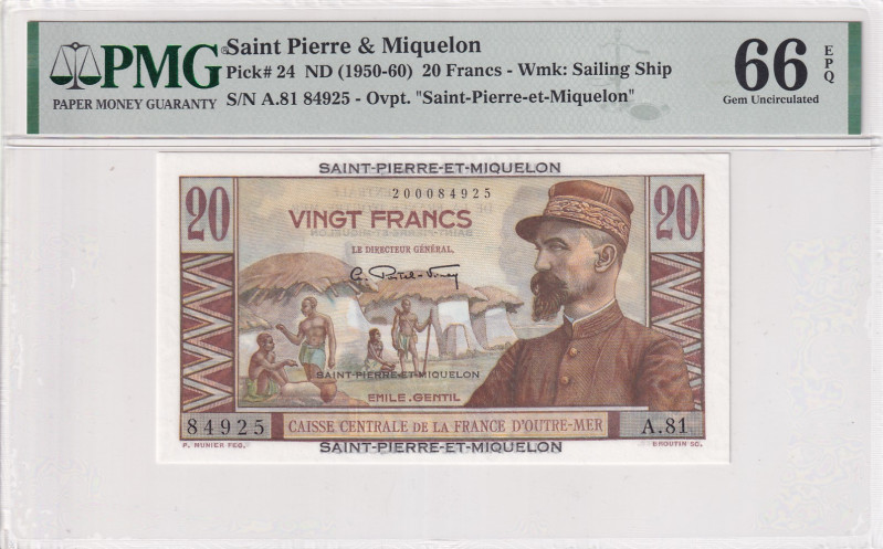 Saint Pierre & Miquelon, 20 Francs, 1950/1960, UNC, p24
PMG 66 EPQ
Estimate: U...