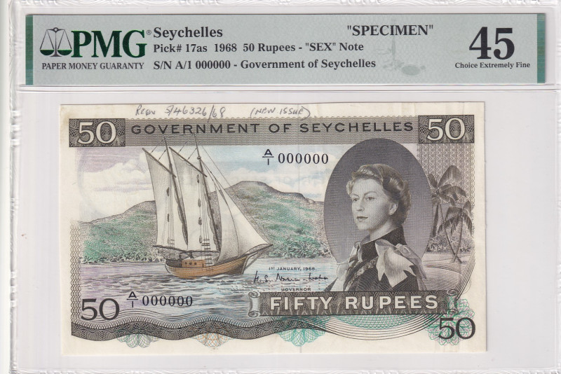 Seychelles, 50 Rupees, 1968, XF, p17as, SPECIMEN
PMG 45, Queen Elizabeth II Por...