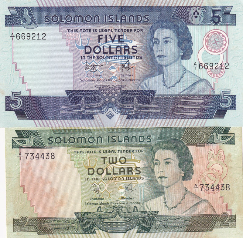 Solomon Islands, 2-5 Dollars, 1977, AUNC, p5; p6, (Total 2 banknotes)
Stained, ...