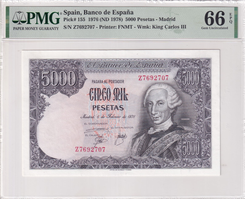 Spain, 5.000 Pesetas, 1978, UNC, p155
PMG 66 EPQ
Estimate: USD 100-200