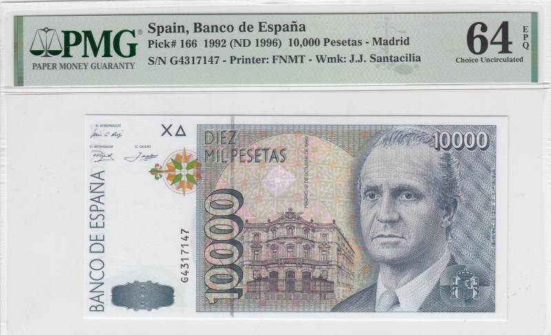 Spain, 10.000 Pesetas, 1996, UNC, p166
PMG 64 EPQ
Estimate: USD 250-500