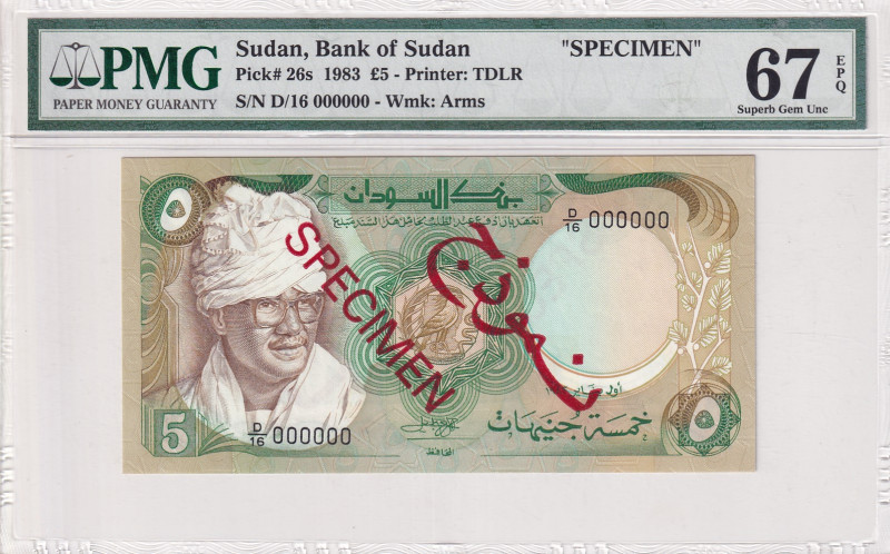 Sudan, 5 Pounds, 1983, UNC, p26s, SPECIMEN
PMG 67, High condition
Estimate: US...