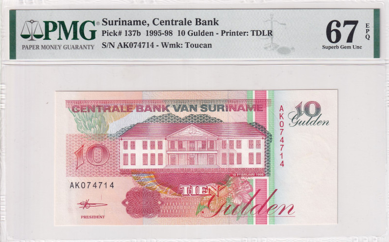 Suriname, 10 Gulden, 1998, UNC, p137b
PMG 67 EPQ, High condition 
Estimate: US...