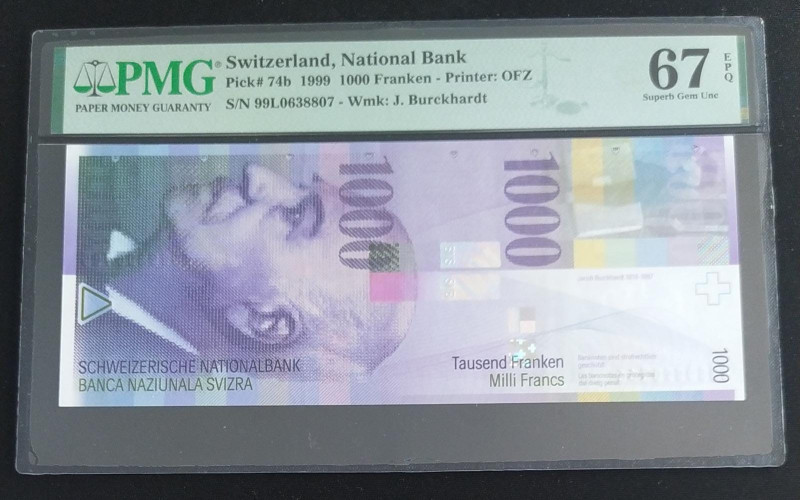 Switzerland, 1.000 Franken, 1999, UNC, p74b
PMG 67 EPQ, High condition 
Estima...