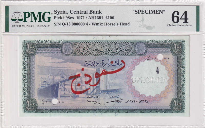 Syria, 100 Pounds, 1971, UNC, p98cs, SPECIMEN
PMG 64
Estimate: USD 1.000-2.000